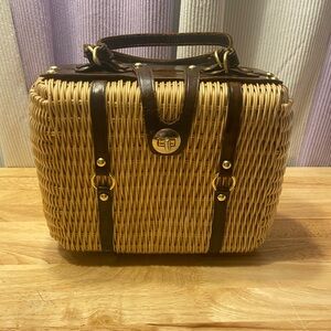 Vintage Wicker and Leather Double Handle Basket Handbag